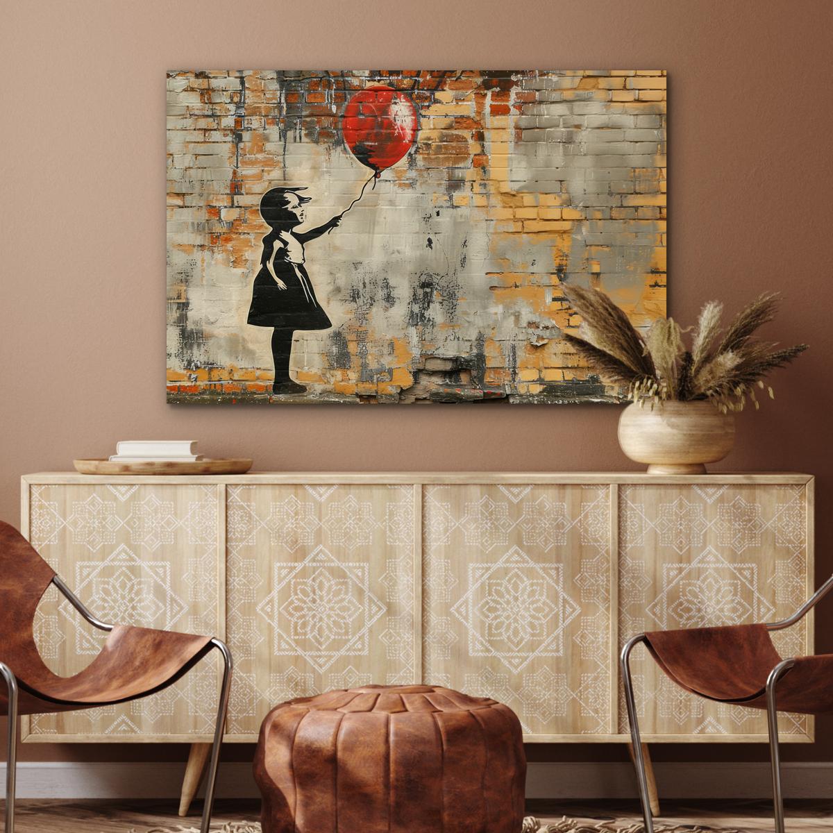 METALLBILD Graffiti - Banksy - Mädchen - Straßenkunst Deko Groß 120x80 cm - Sandfarben, Metall (120/80cm) - MuchoWow