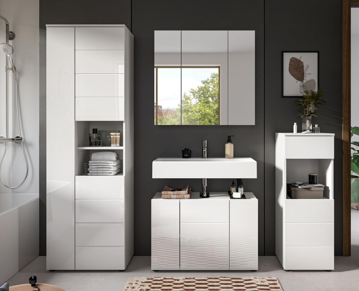BADZIMMER-SET 4-teilig weiß Hochglanz 210 x 190 cm, Badmöbel mit viel Stauraum - Weiß Hochglanz/Schwarz, Holzwerkstoff/Kunststoff (210/190/34cm) - Inn.Furn