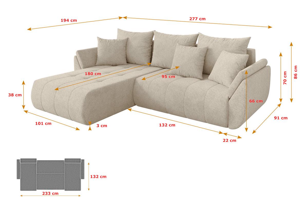 ECKSOFA mit Schlaffunktion Ottomane Links TOKO-L 277x194x86 Creme Velours - Creme/Schwarz, Holzwerkstoff/Kunststoff (277/194cm) - ALTDECOR