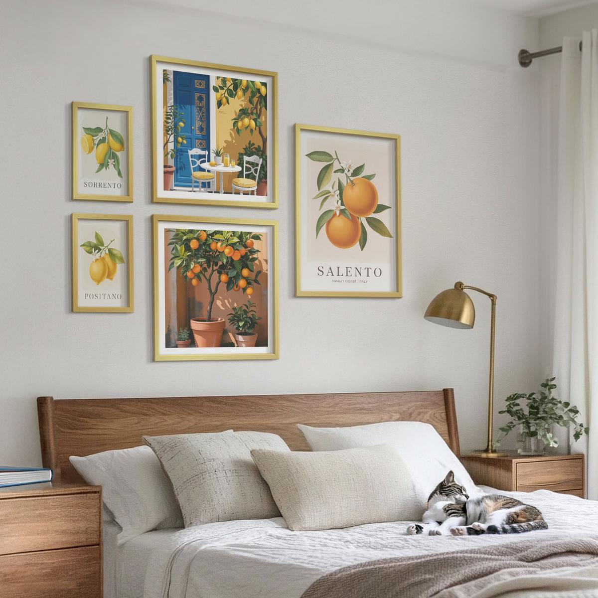 BILDER SET 5er Set - 50x50 cm & 20x30 cm & 40x60 cm Goldrahmen - Zitronenorange Blütenmuster - Goldfarben, Kunststoff (40/60cm) - TULUP