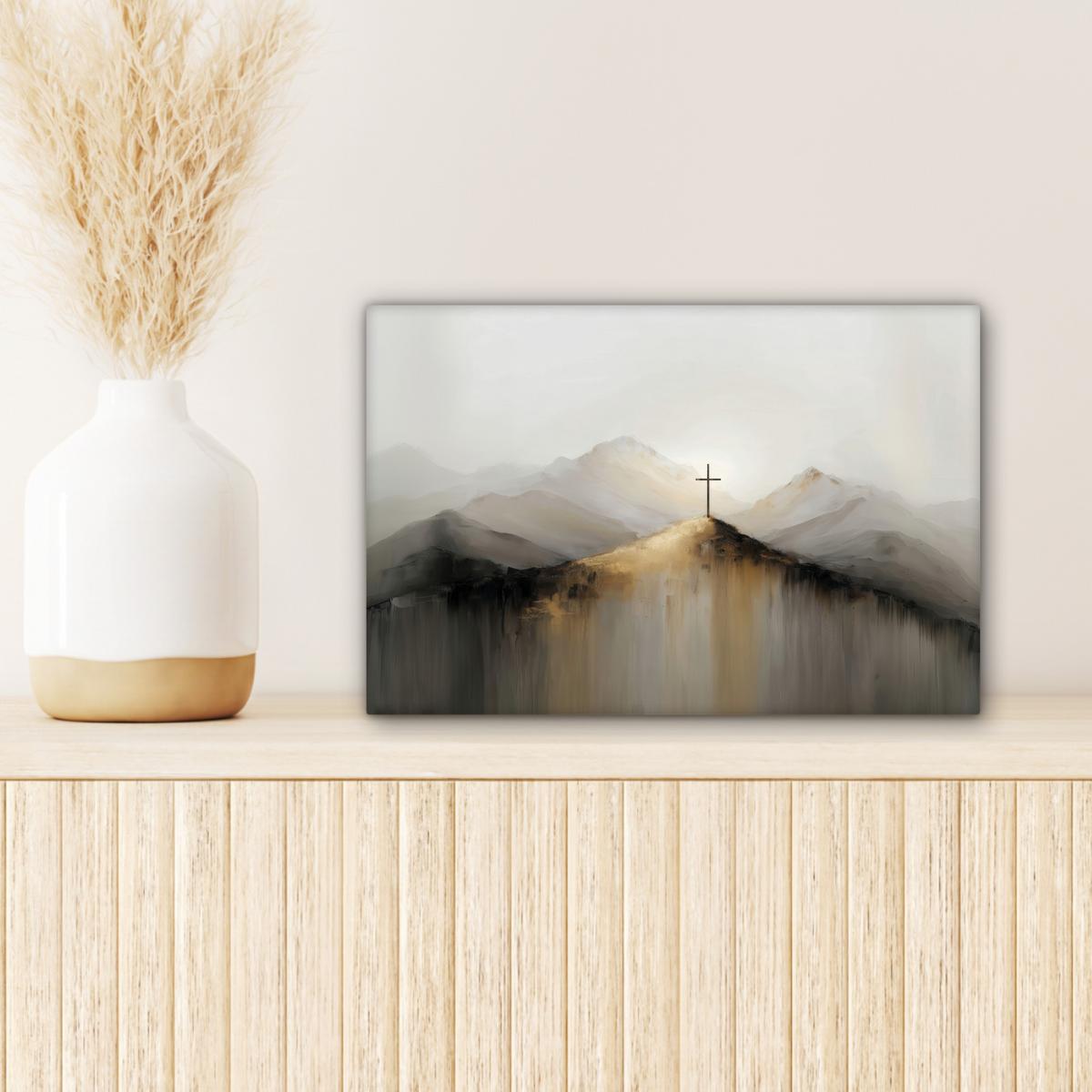 LEINWANDBILD Hügel - Abstrakt - Kreuz - Christentum Deko Schlafzimmer 30x20 cm - Beige, Textil (30/20cm) - MuchoWow