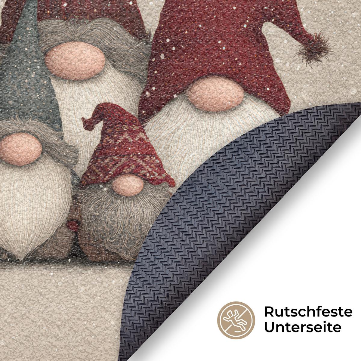 FUSSMATTE Wichtel - Weihnachten - Schnee - Zipfelmützen Türmatte 90x90 cm - Beige, Kunststoff (90/0.4cm) - MuchoWow