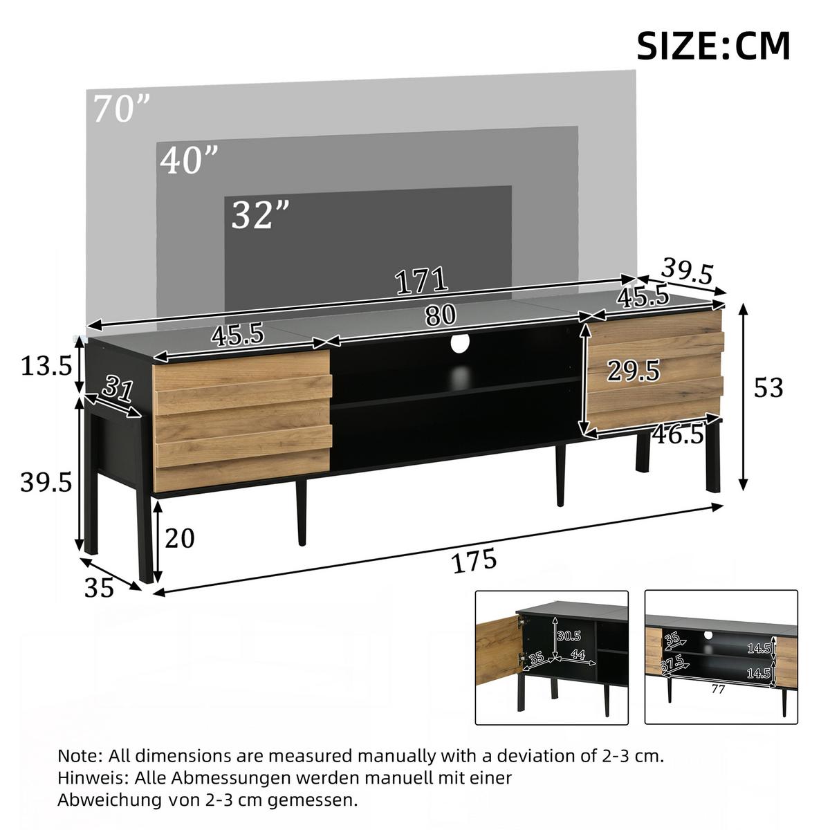 TV-LOWBOARD holzwerkstoff schwarz & holz-optik für tvs bis 70 zoll - Schwarz, Holzwerkstoff (175/53/39.5cm) - Urban Meuble