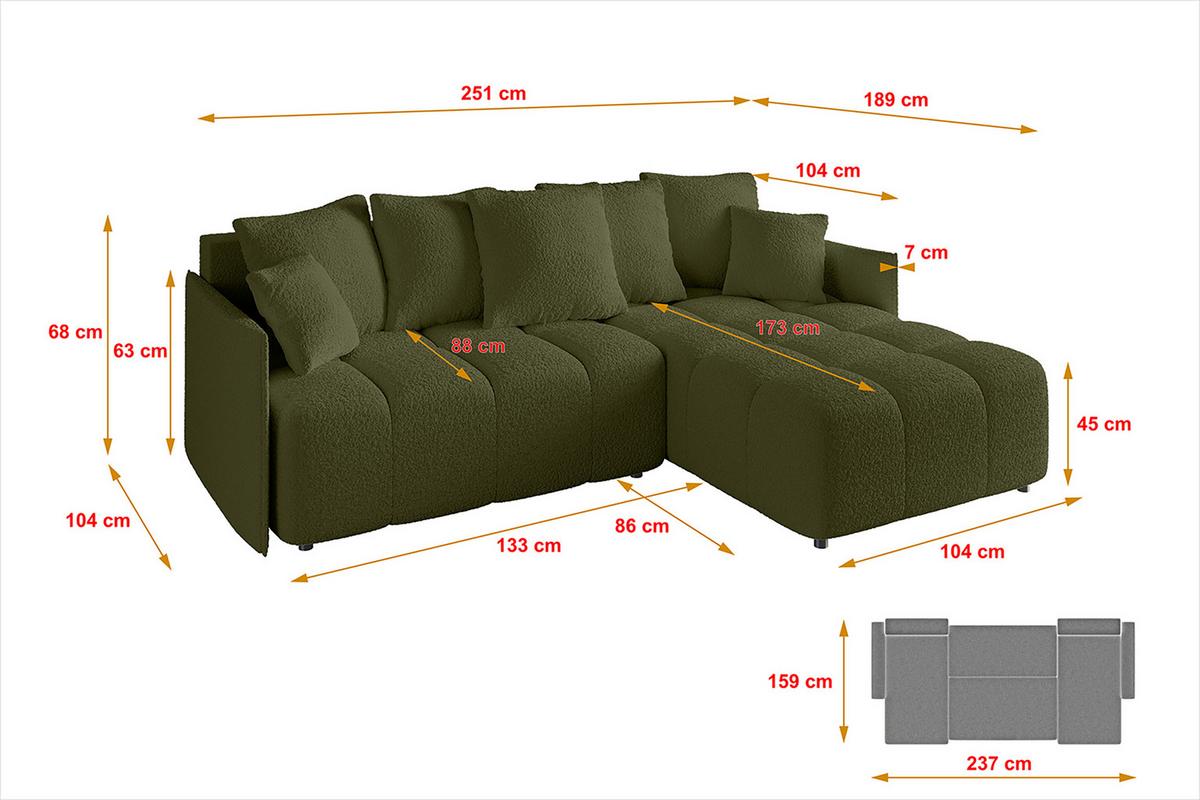 ECKSOFA Ottomane rechts LONLI-L 251x189x68 Olivgrün Bouclé - Olivgrün, Holzwerkstoff/Kunststoff (189/251cm) - ALTDECOR