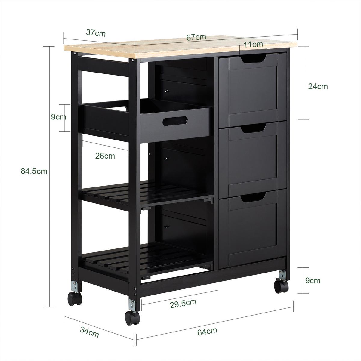 SERVIERWAGEN mit Rollen, Schwarz, 68x85x38cm, bis 50kg - Schwarz, Holz/Holzwerkstoff (68/85/38cm) - SoBuy