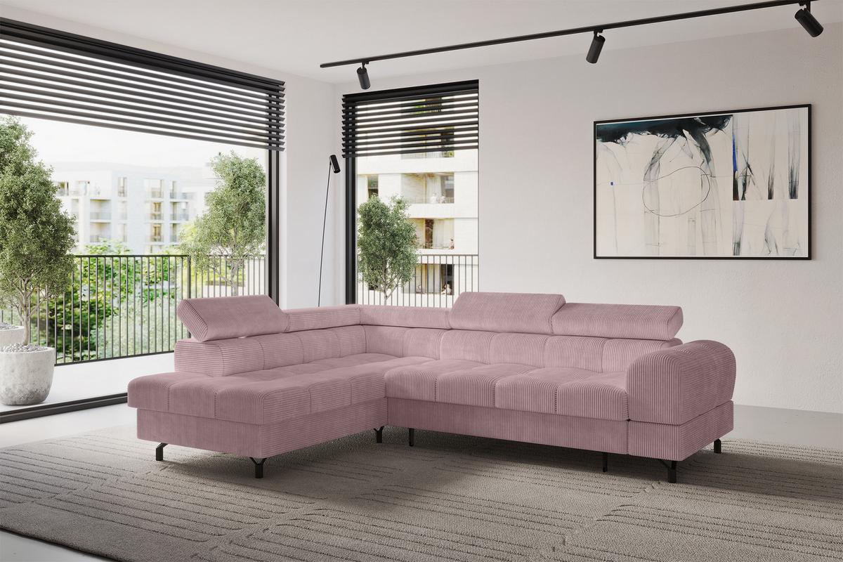 ECKSOFA mit Schlaffunktion Ottomane Links LUMA-L 272x203x70 Rosa Cord - Schwarz/Rosa, Holzwerkstoff/Kunststoff (272/203cm) - ALTDECOR