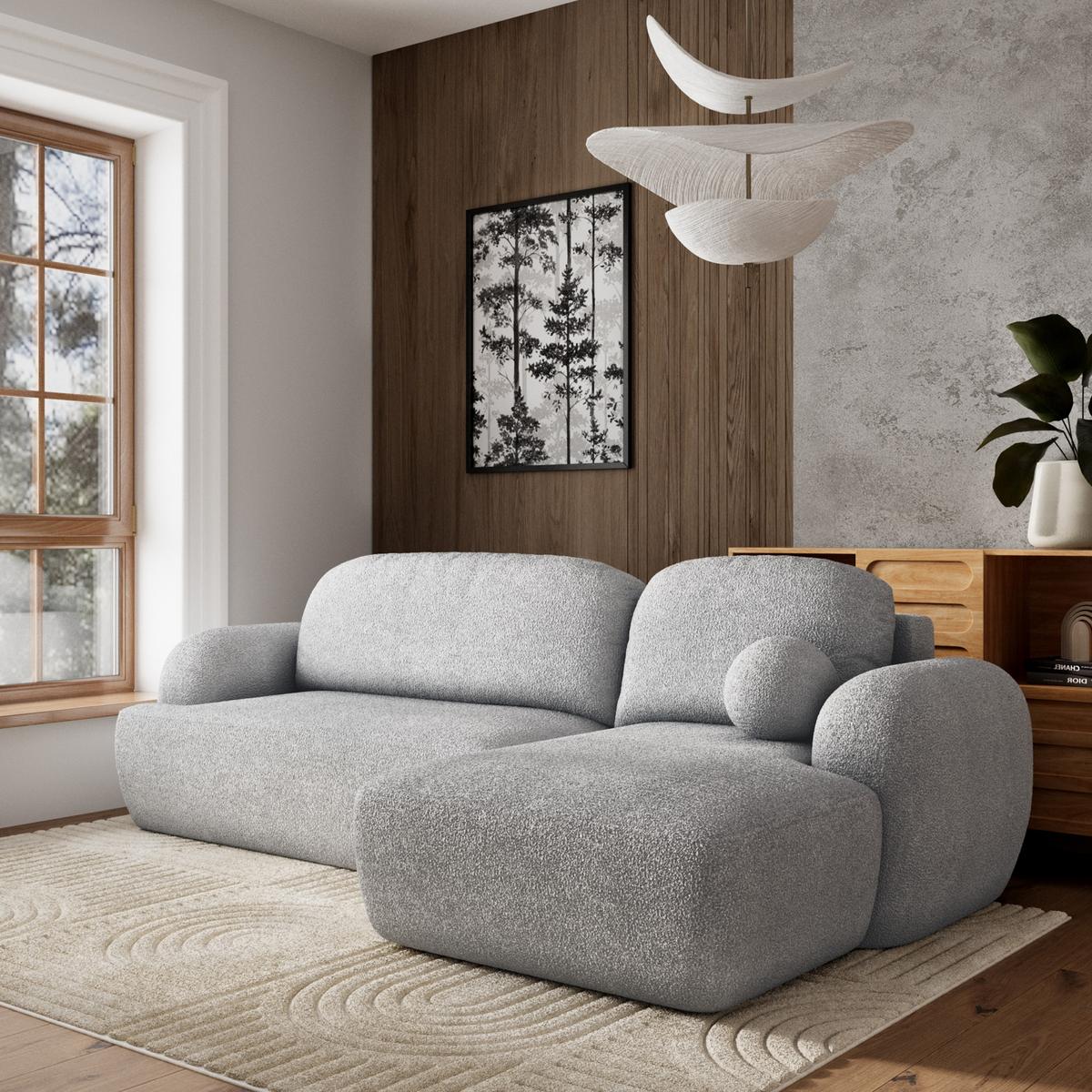 ECKSOFA MODENZA N R-S Hellgrau Boucle-Stoff mit Schlaffunktion - Hellgrau/Schwarz, Holz/Kunststoff (266/148cm) - MASSENO