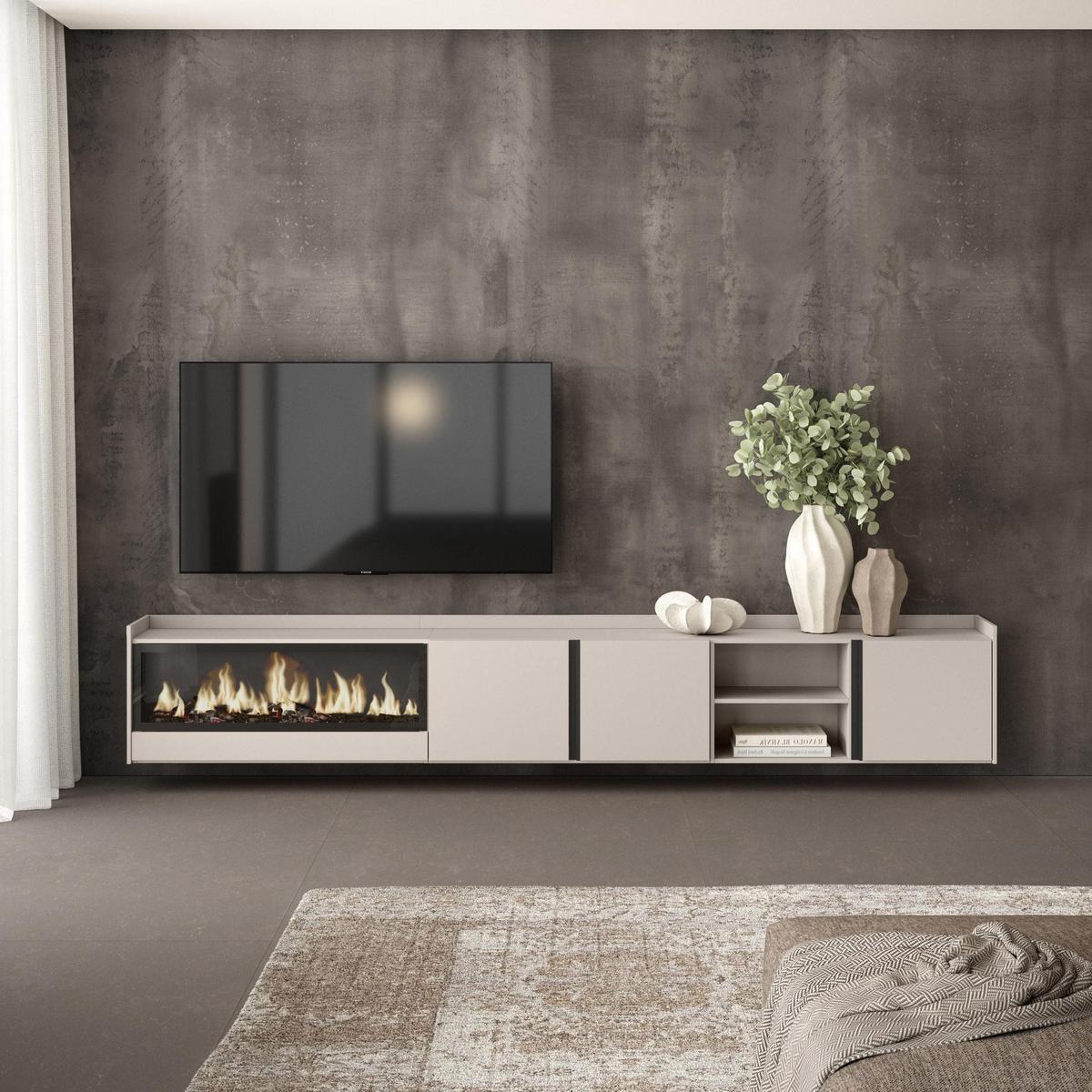 LOWBOARD, Beige, 315/35/50cm, Kamin mit Feuereffekt XXL - Beige, Holzwerkstoff (315/50/35cm) - Skraut Home