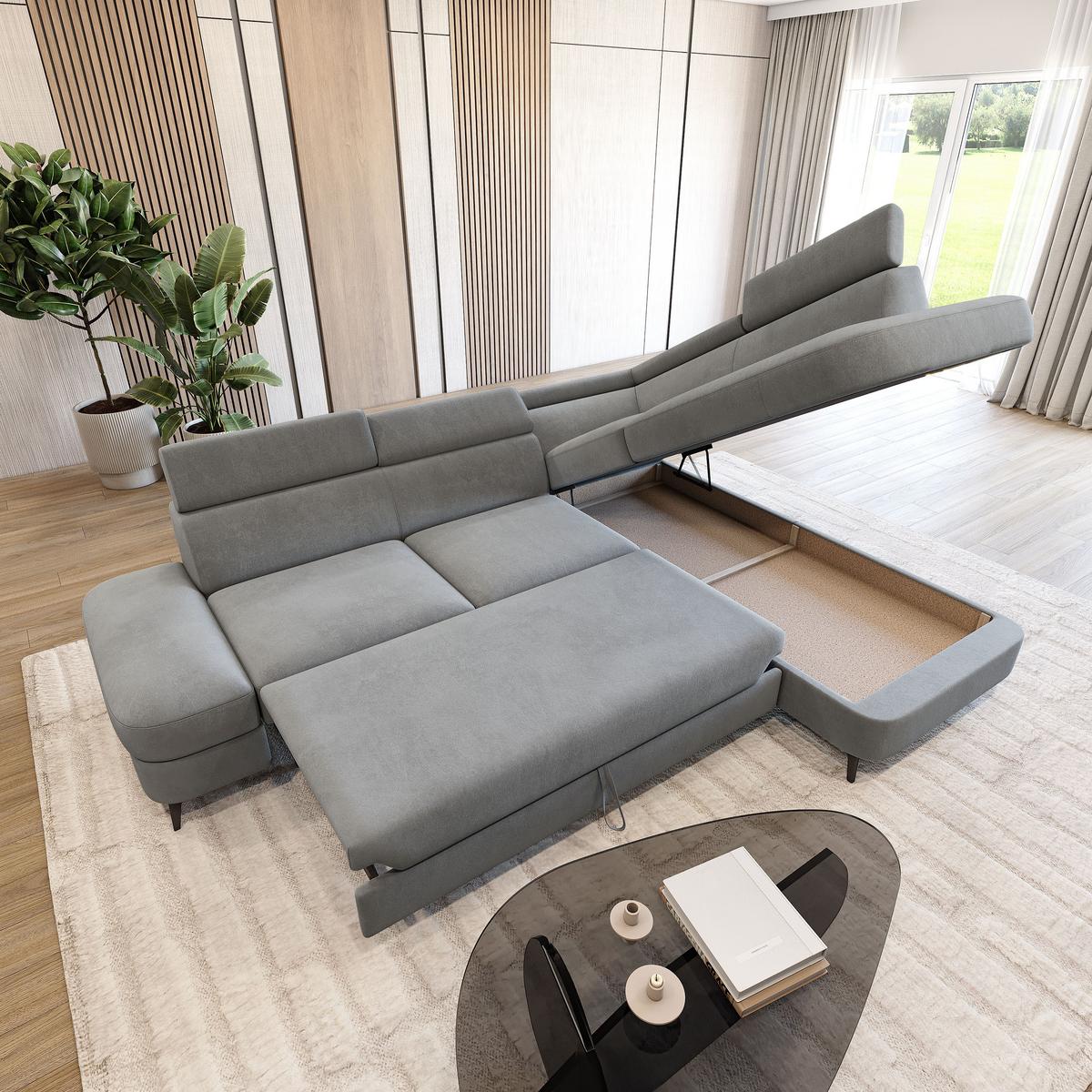 ECKSOFA AVISE MV R-S Grau Velours-Stoff mit Schlaffunktion - Grau, Holzwerkstoff/Textil (268/195cm) - MASSENO