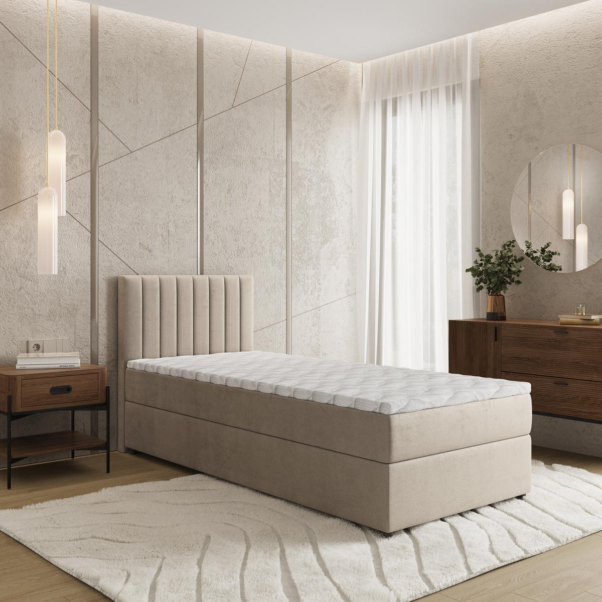 BOXBETT BRESEL 100 100x200 cm mit Matratze und Topper, H2+H3 - Beige - Beige, Holz (100/200cm) - MASSENO