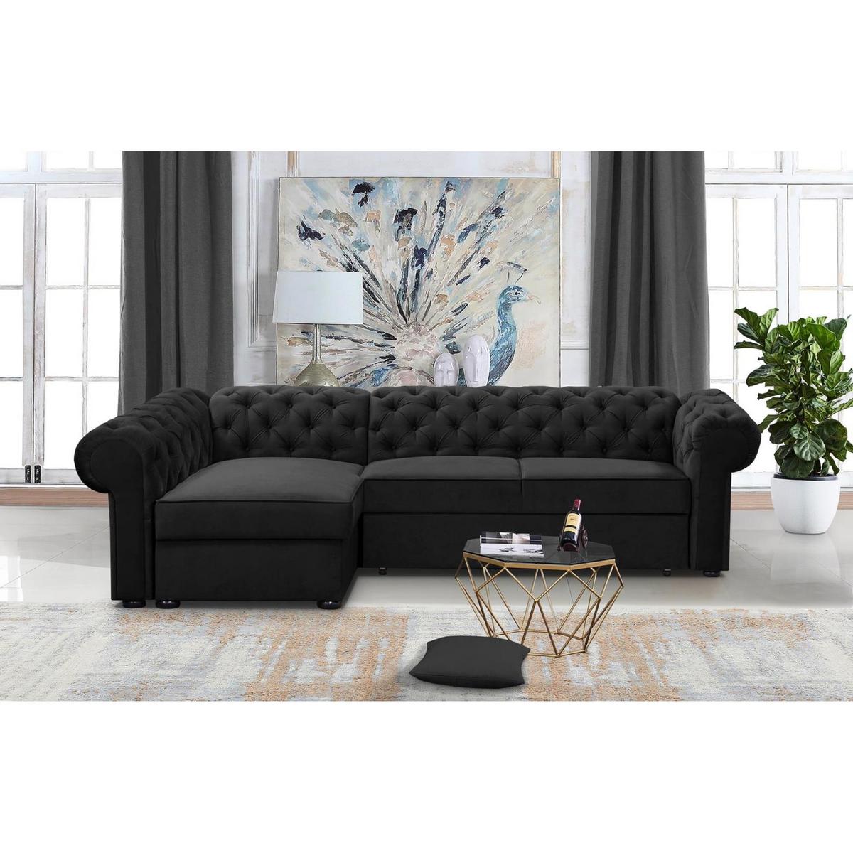 ECKSCHLAFSOFA Chester im Chesterfield-Stil, Schwarz, links - Schwarz, Textil (278/173cm) - Beautysofa