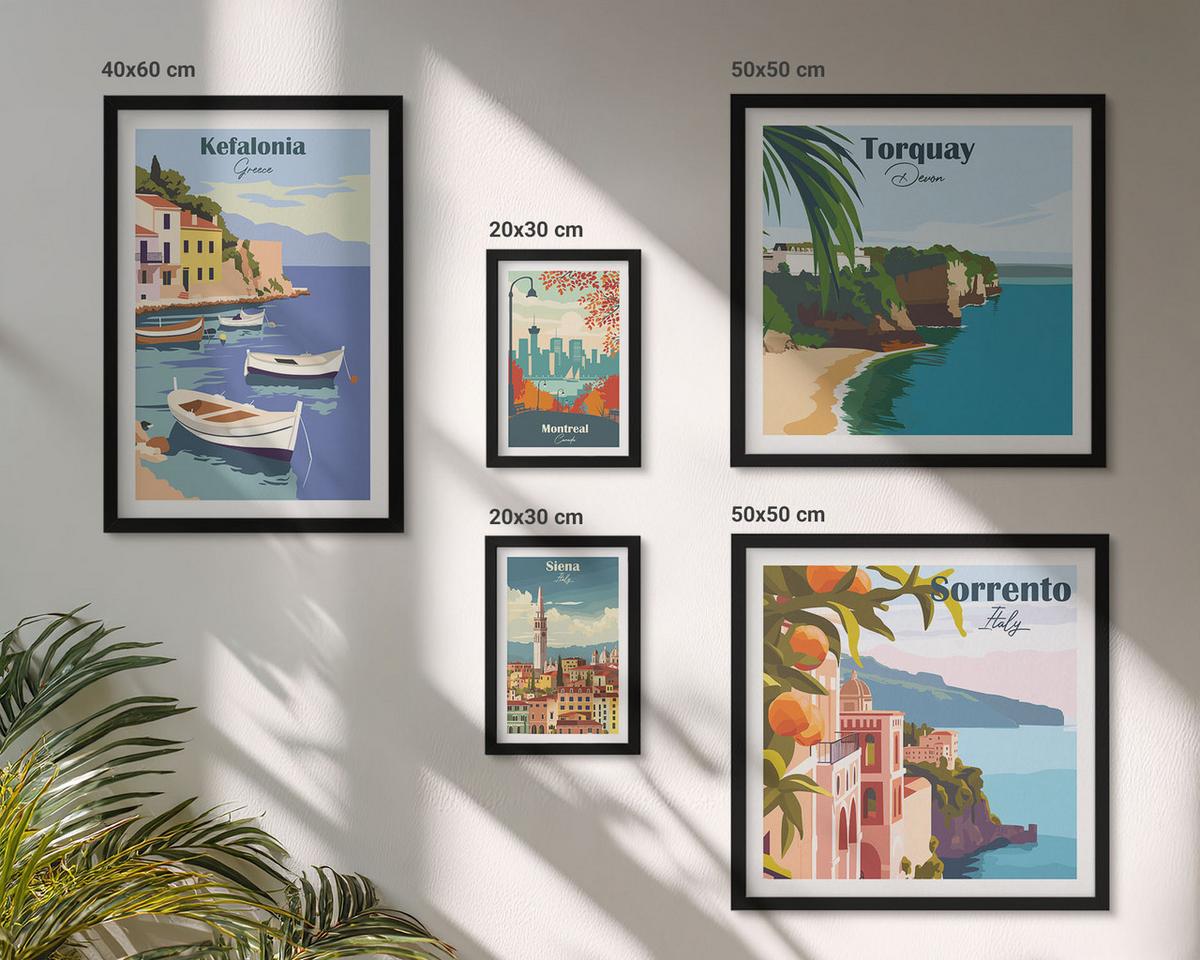 BILDER SET 5er Set - 50x50 cm & 20x30 cm & 40x60 cm Schwarzer Rahmen - Retro-Illustrationen berühmter Orte - Schwarz, Kunststoff (40/60cm) - TULUP