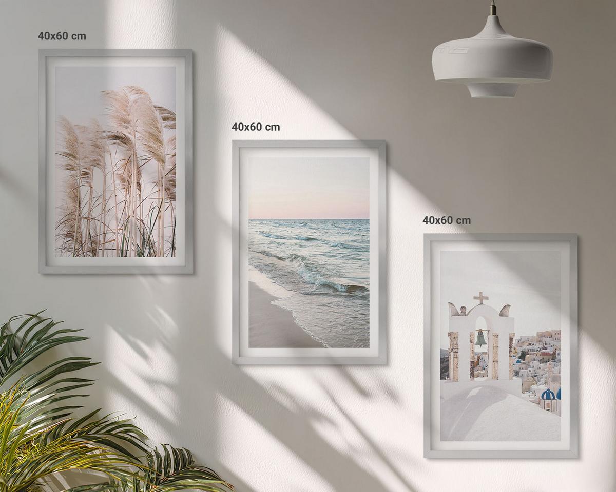 BILDER SET 3er Set - 40x60 cm Silberner Rahmen - Pflanzen, Meereswellen, Aussicht, Häuser - Silberfarben, Kunststoff (40/60cm) - TULUP