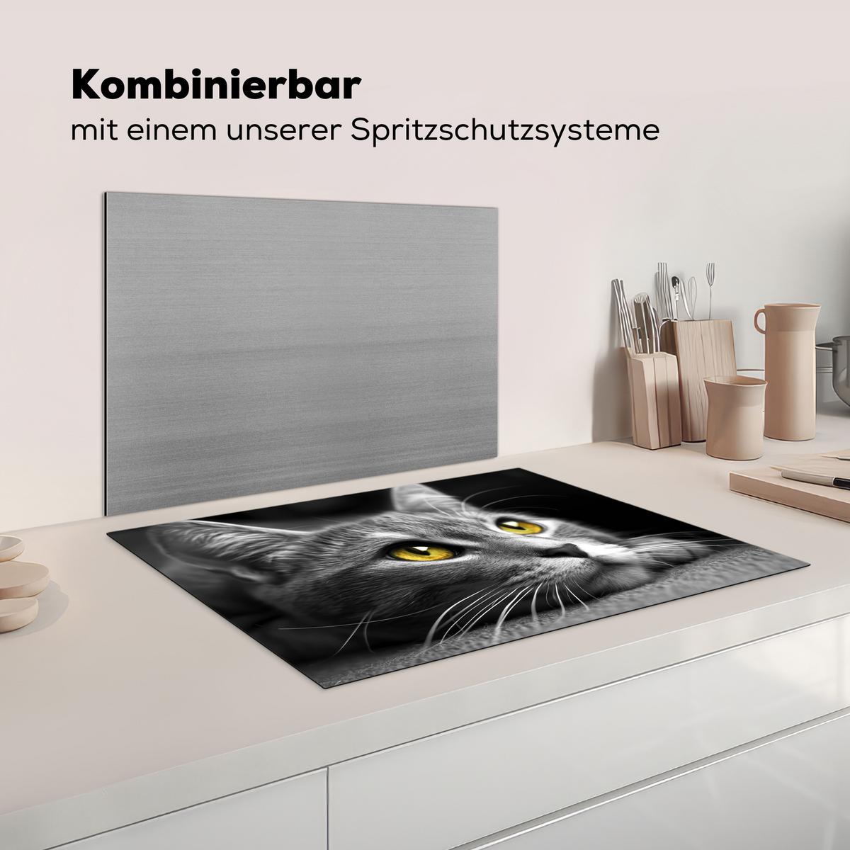 HERDABDECKPLATTE Katze - Grau - Tiere - Katze Herdabdeckung Induktionsfeld 75x52 cm - Grau, Kunststoff (75/52/0.2cm) - MuchoWow