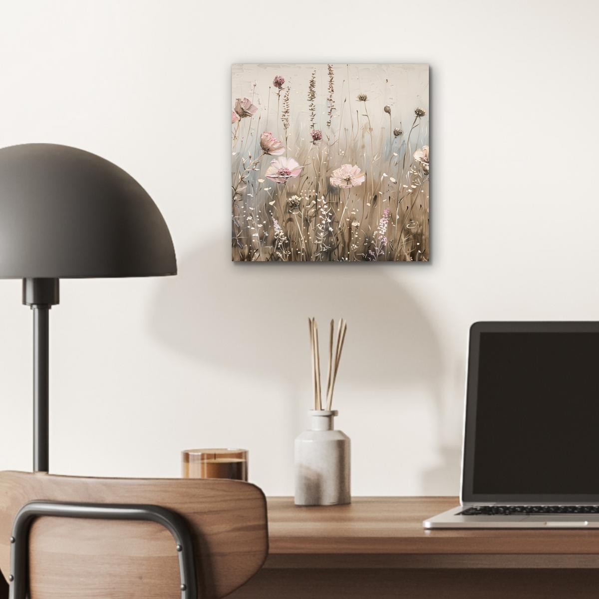 METALLBILD Blumen - Rosa - Modern - Beige 20x20 cm - Beige, Metall (20/20cm) - MuchoWow