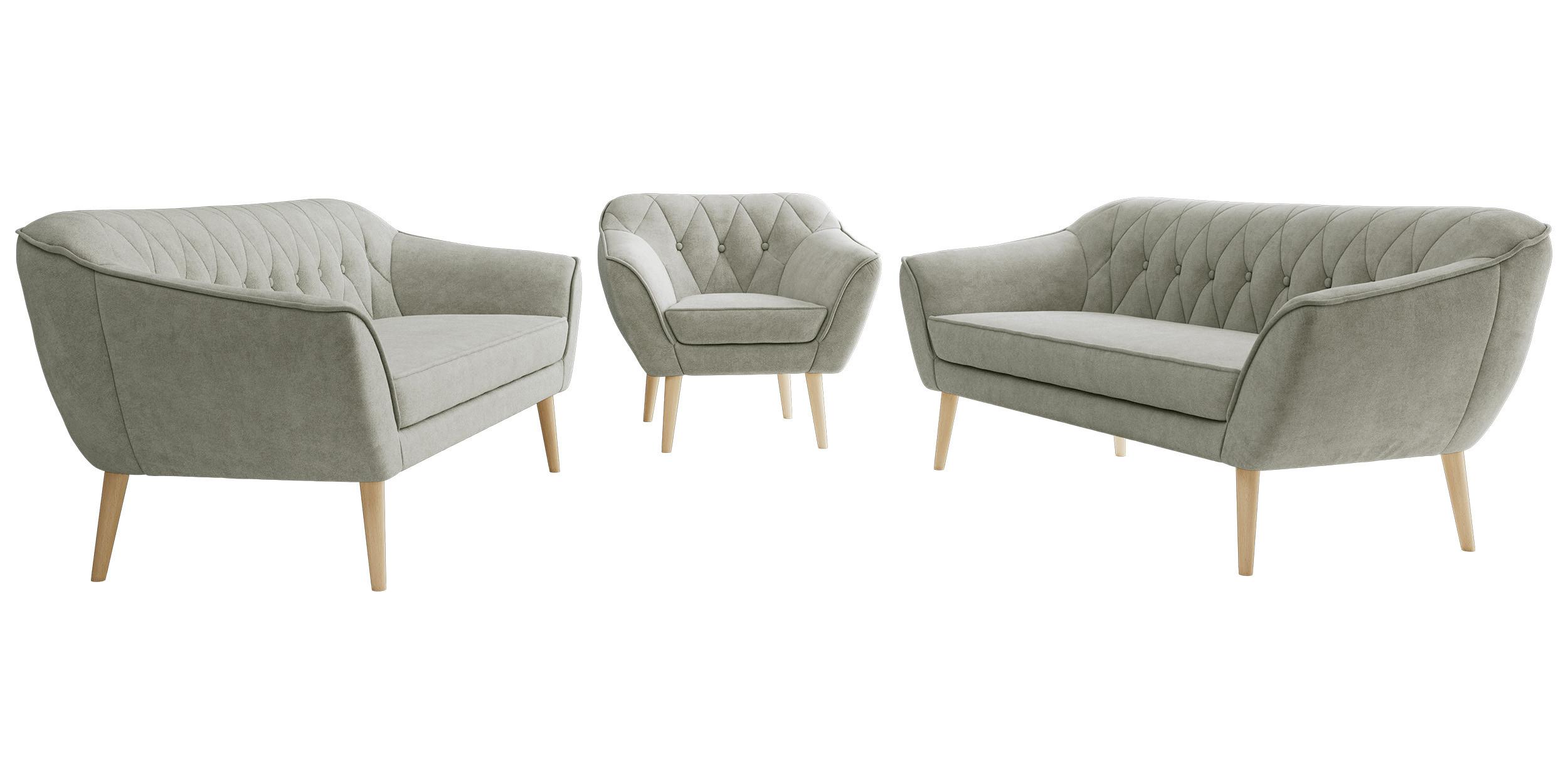 SITZGARNITUR PIRS 3+3+1 - Hellgrau Strukture - Holzbeine - Silberfarben/Buchefarben, Holzwerkstoff/Textil (180/75/74cm) - MKS