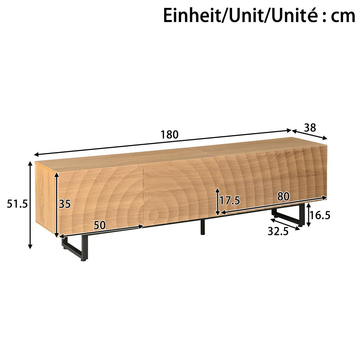 TV-SCHRANK 180 cm Natur Holzoptik mit 3D-Holzstruktur, Schubladen & Schrank - Naturfarben, Holzwerkstoff (180/51.5/38cm) - Urban Meuble