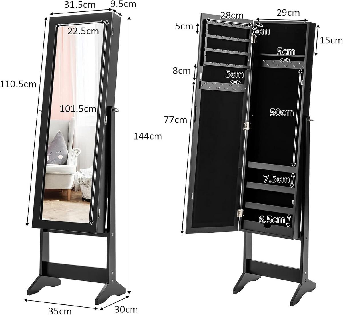 SCHMUCKSCHRANK neigungsverstellbar Schwarz - Schwarz, Holz (35/144/30cm) - COSTWAY