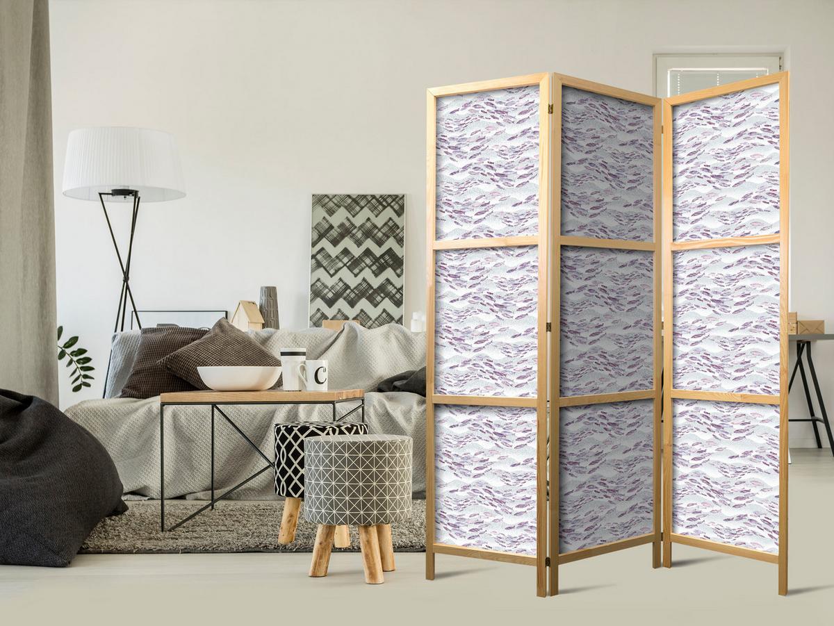 PARAVENT Japanischer 3-tlg 135x172 cm Violette Fische - Lila, Holz/Textil (135/172/3cm) - Muralo