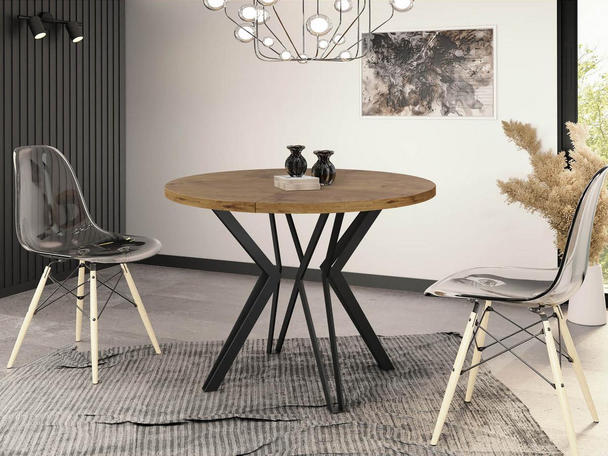 ESSTISCH Revena runder ausziehbarer, Lancelot Eiche 120-200/120/76 cm - Eichefarben/Schwarz, Holzwerkstoff/Metall (120/200/76cm) - WFL GROUP