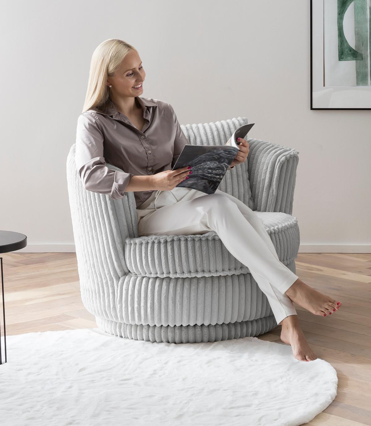 BIG-SESSEL Mega Cord hell grau Ø 95 cm 360° drehbar, inklusive Kissen - Hellgrau, Holz/Kunststoff (95/77/95cm) - Furn.Design