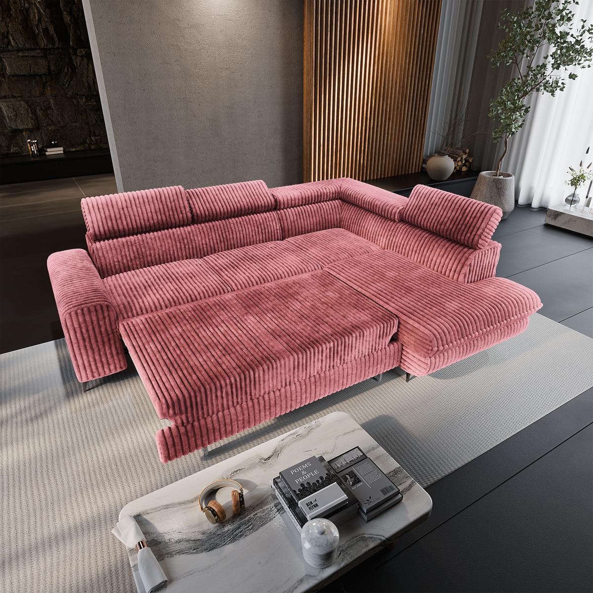 ECKSOFA VELISS Rosa Kordstoff mit Schlaffunktion - Rosa, Holz (255/193cm) - MASSENO