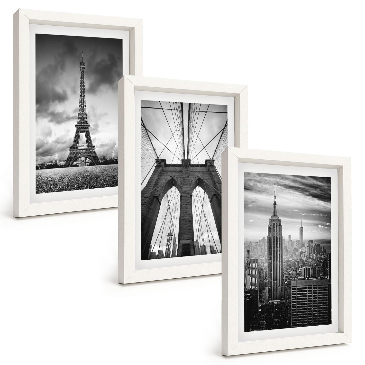 BILDER SET 3er Set - 20x30 cm Weißer Rahmen - Monochromatische Brückentürme - Weiß, Kunststoff (20/30cm) - TULUP