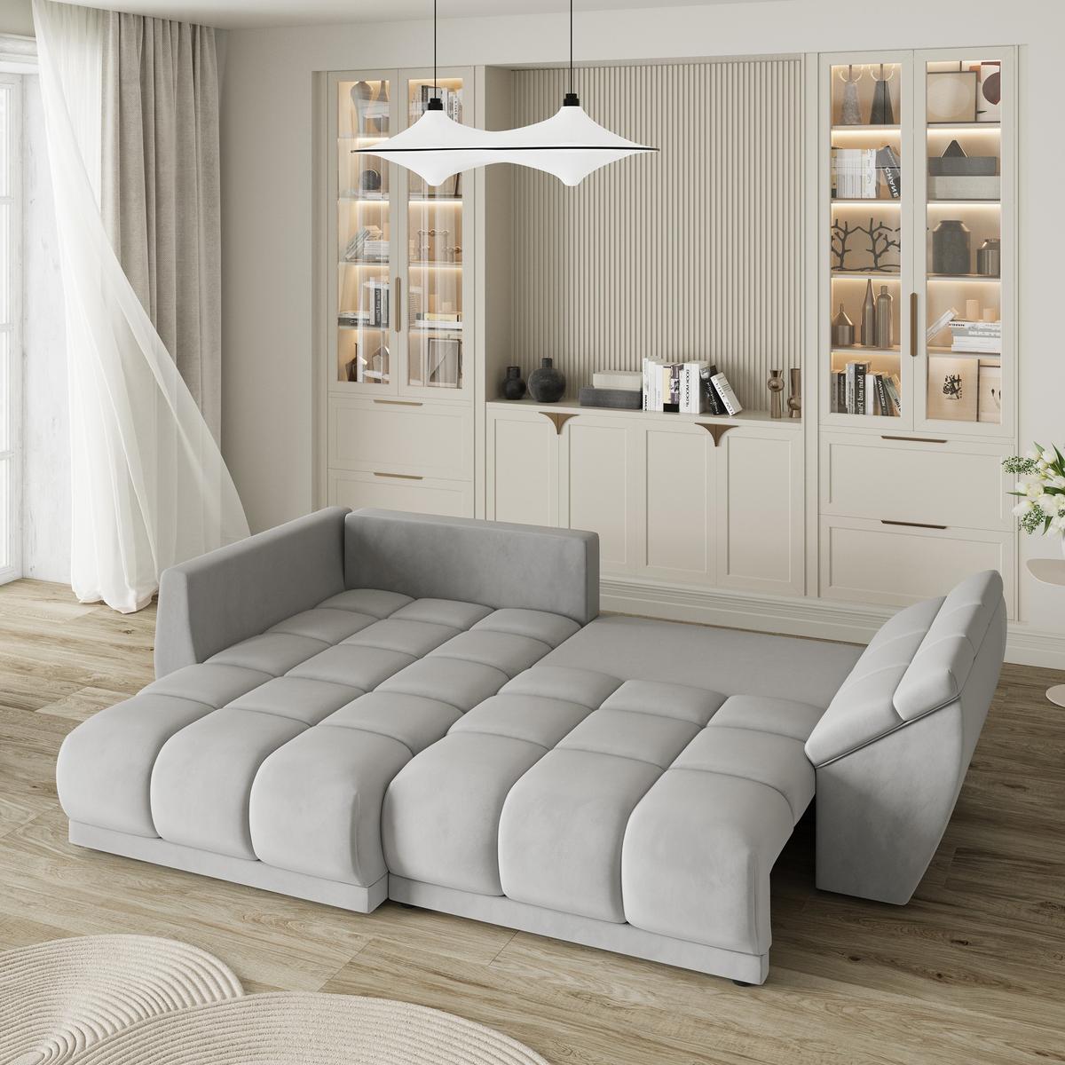 ECKSOFA ORENTI L-S Hellgrau Velours-Stoff mit Schlaffunktion - Hellgrau, Holz (287/182cm) - MASSENO