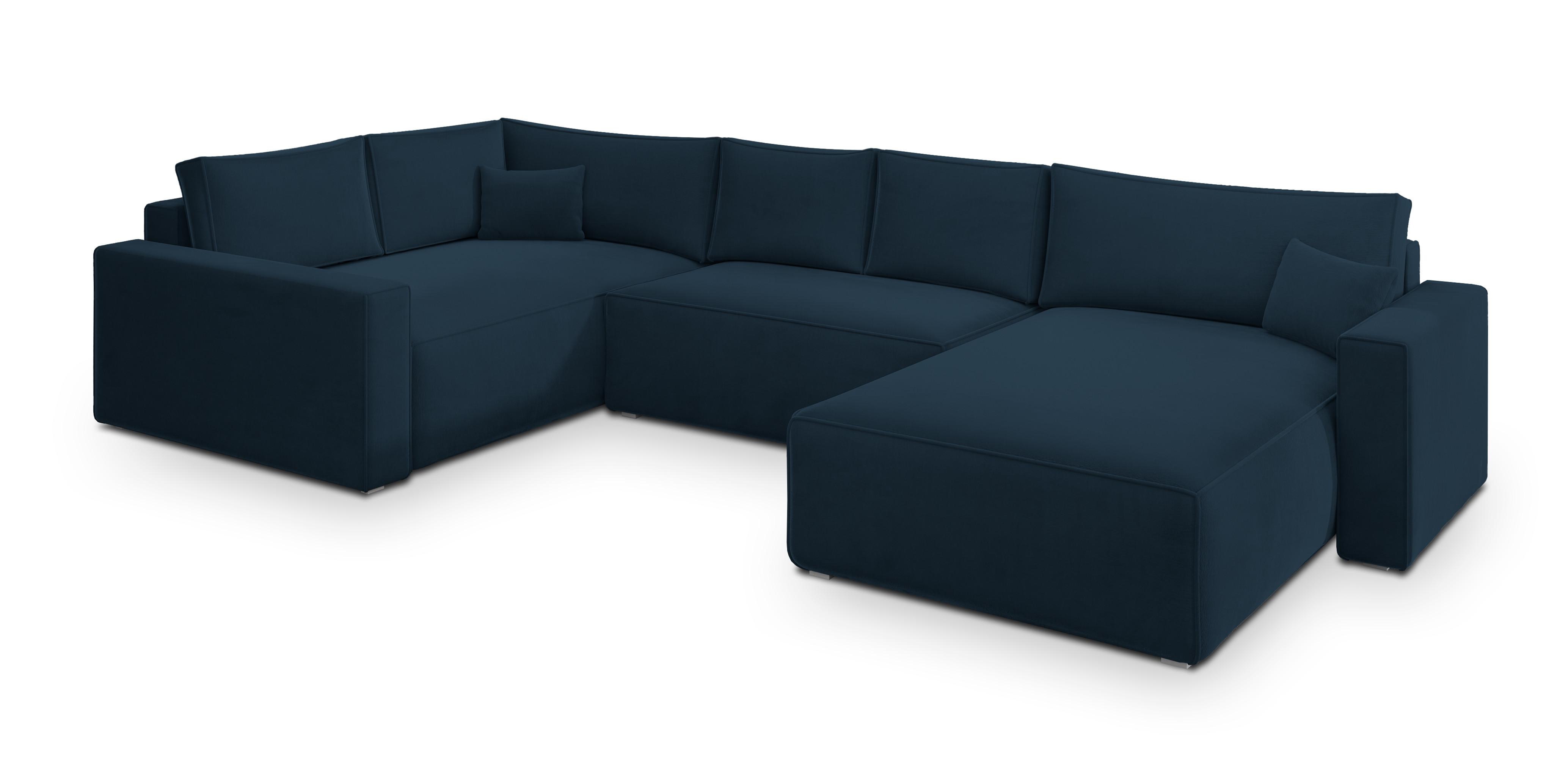 WOHNLANDSCHAFT VELAMI L-S Blau Velours-Stoff mit Schlaffunktion - Blau, Holz (365/83/194cm) - MASSENO