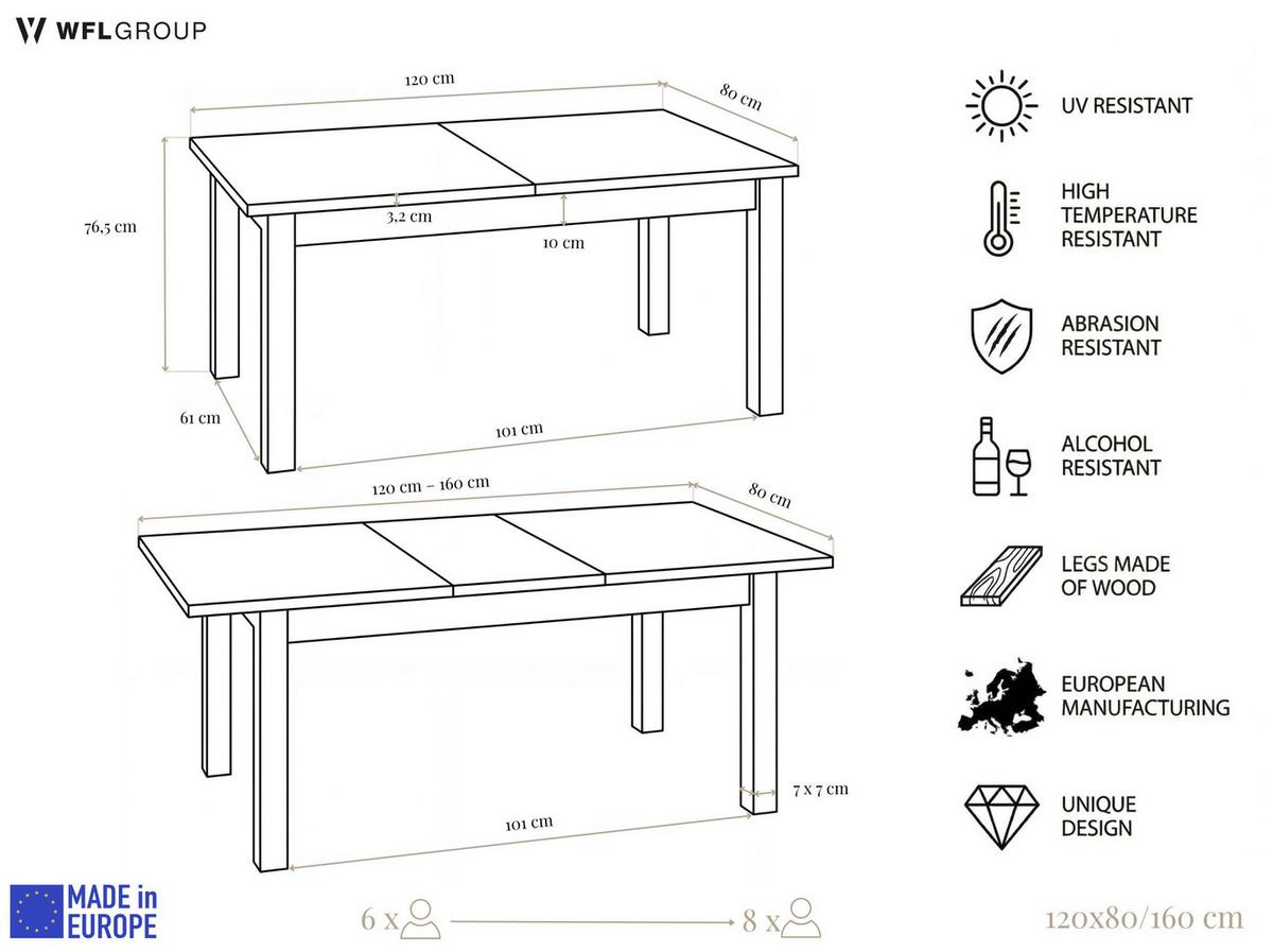 ESSTISCH Lindberg Weiß ausziehbar verlängerbar rechteckig, Kaschmir 120-160/80/77 cm - Kaschmir/Beige, Holz/Holzwerkstoff (80/160/76.5cm) - WFL GROUP