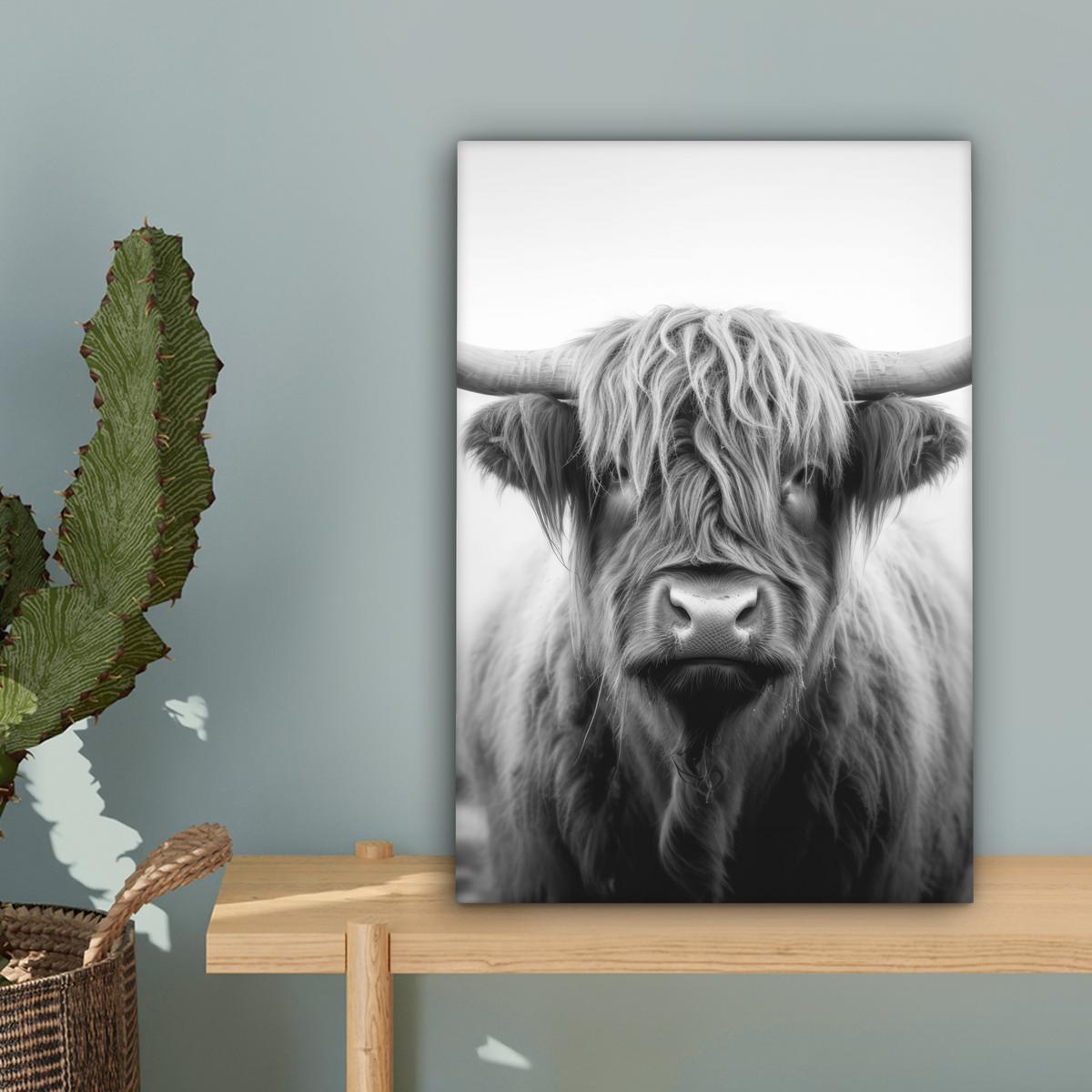 LEINWANDBILD Schottischer Highlander - Nebel - Schwarz - Weiß Deko Wohnzimmer 20x30 cm - Grau, Textil (20/30cm) - MuchoWow
