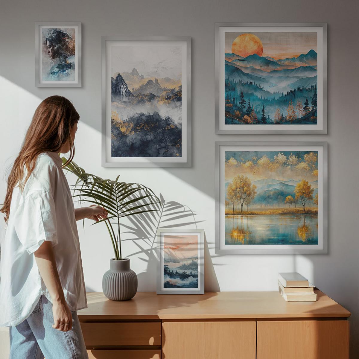 BILDER SET 5er Set - 50x50 cm & 20x30 cm & 40x60 cm Silberner Rahmen - Tropische Pflanzen, Vögel, Natur - Silberfarben, Kunststoff (40/60cm) - TULUP