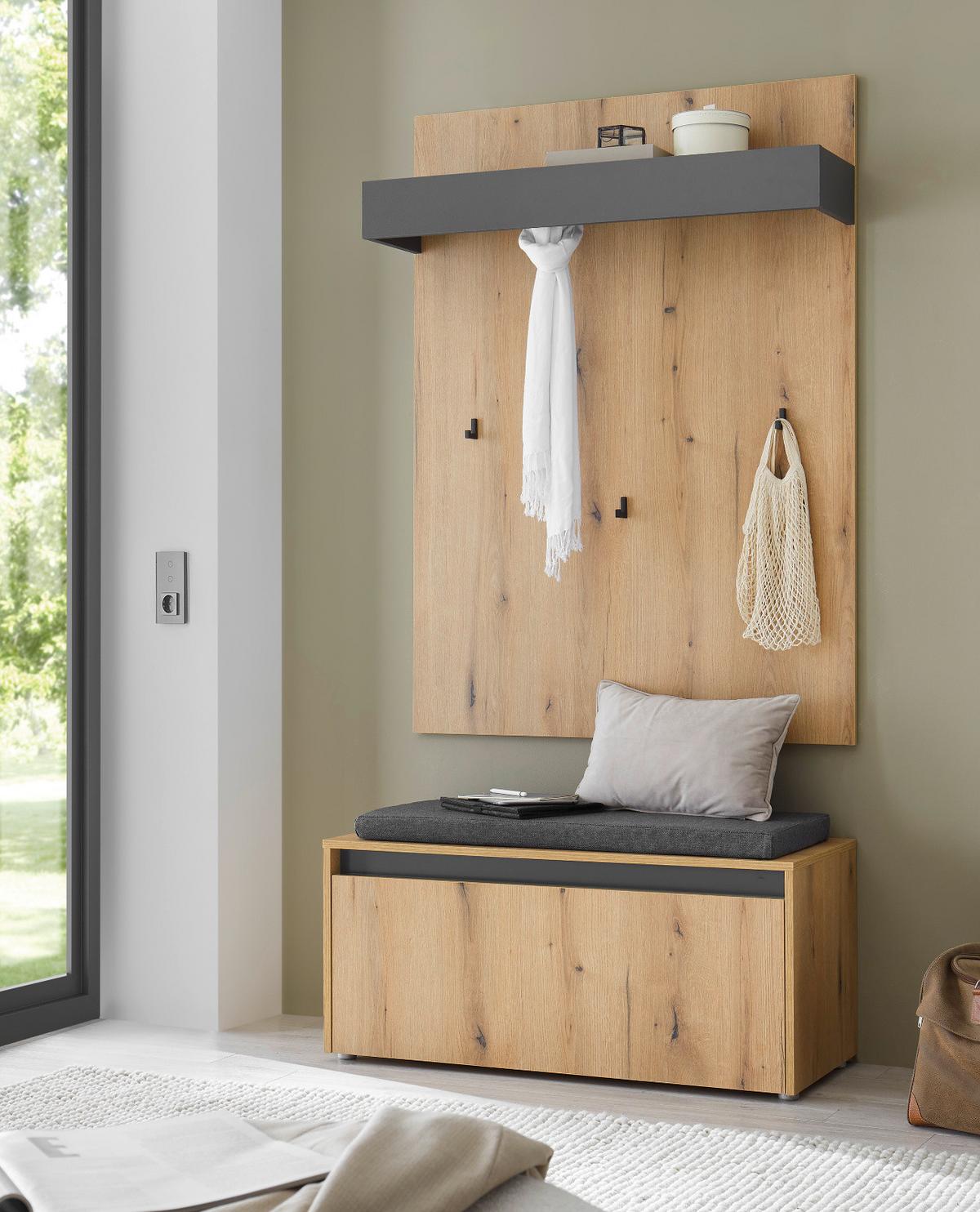 GARDEROBEN-SET Evoke Eiche, grau 100 cm 3-teilig, Flurgarderobe inkl. Sitzkissen - Eichefarben/Schwarz, Holzwerkstoff/Kunststoff (100/200/40cm) - Furn.Design