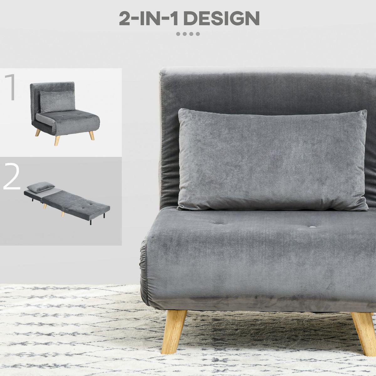 SCHLAFSESSEL, Klappsessel mit Bettfunktion, Schlafsofa mit Kissen, Samt, Grau - Naturfarben/Grau, Holz/Textil (78/79/72cm) - HOMCOM