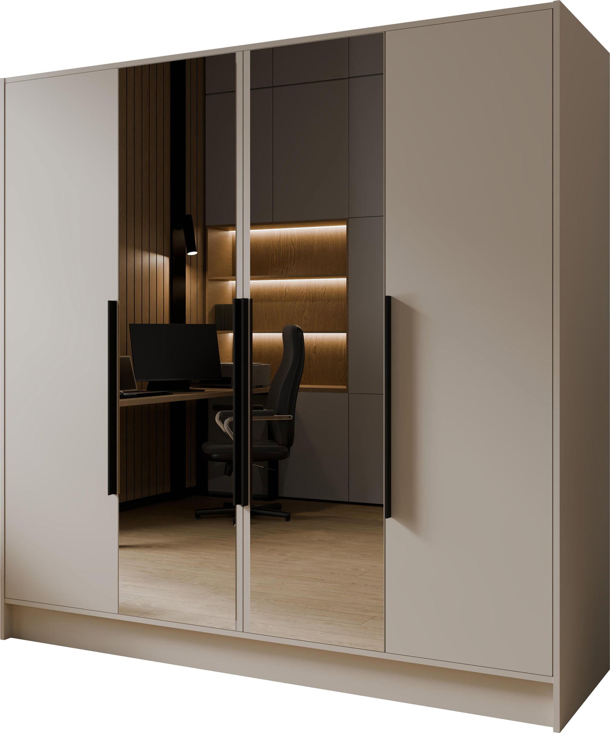 KLEIDERSCHRANK Mono Lux mit Speigel, Drehtüren mit Schwarze Metallgriffe, Kaschmir 200/200/51 cm - Kaschmir/Beige, Holzwerkstoff (200/200/51cm) - WFL GROUP
