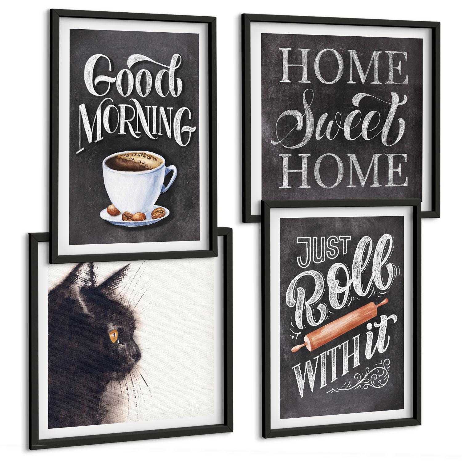BILDER SET 4er Set - 50x50 cm & 40x60 cm Schwarzer Rahmen - Hausküchenthemen Katze - Schwarz, Kunststoff (50/50cm) - TULUP