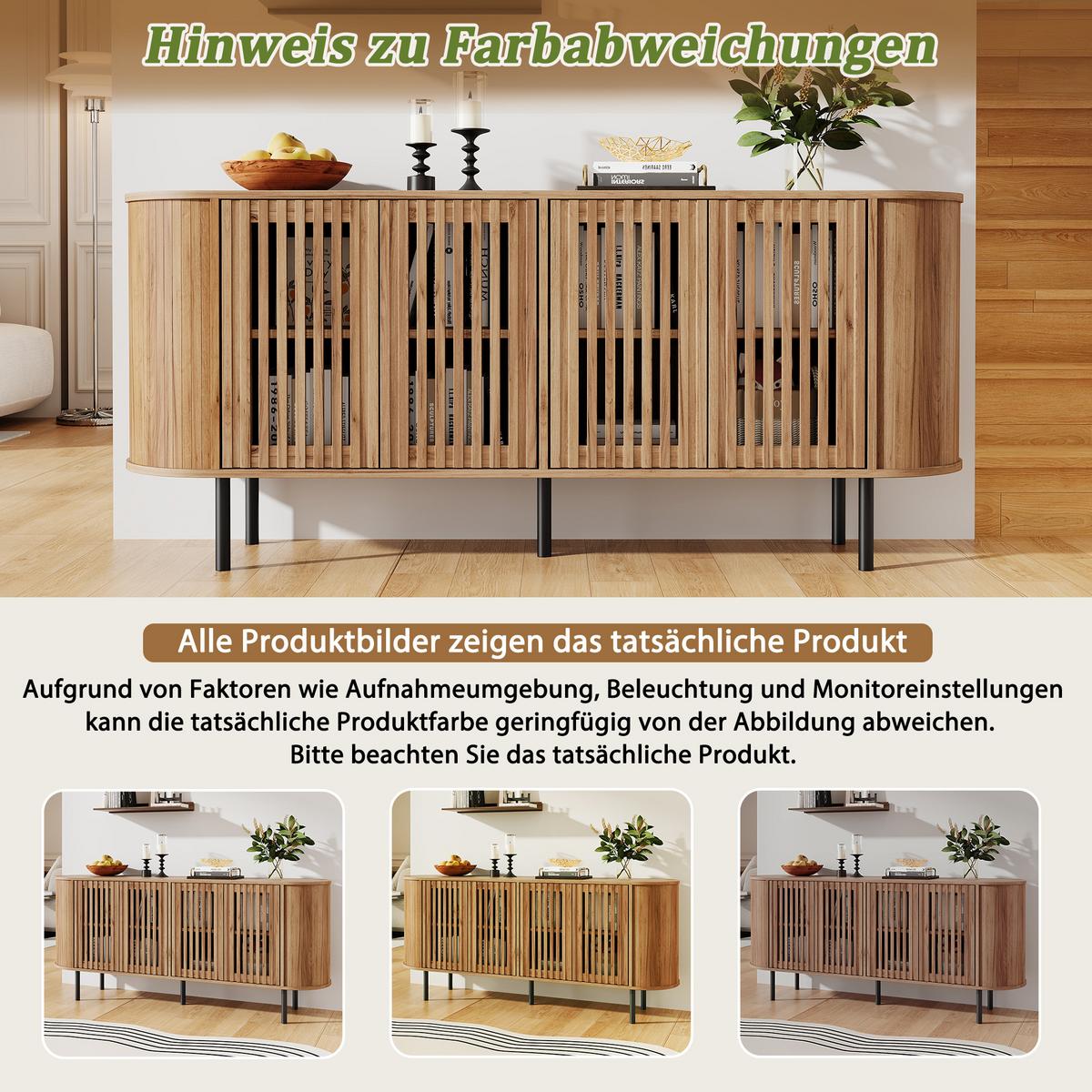 SIDEBOARD Naturholzoptik 160cm mit 4 Lamellentüren & Metallfüßen - Naturfarben, Holzwerkstoff (160/70/40cm) - Urban Meuble