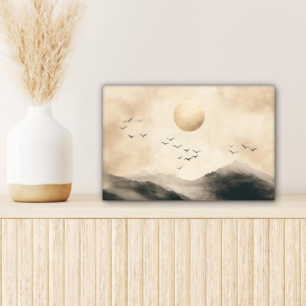 LEINWANDBILD Landschaft - Japandi - Vogel Deko Schlafzimmer 30x20 cm - Beige, Textil (30/20cm) - MuchoWow