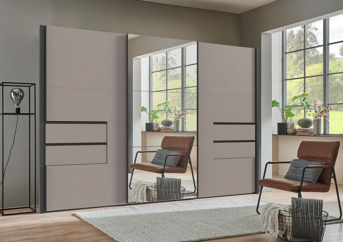 SCHWEBETÜRENSCHRANK 3-türig B312/H216/T65 cm, Korpus&Passepartout Grafit, Türen&Schubladen Sandgrau/Spiegel, Kleiderschrank inkl. Vollausst. / 22066 - Sandfarben/Bordeaux, Holzwerkstoff/Metall (312/216/65cm) - luma-home