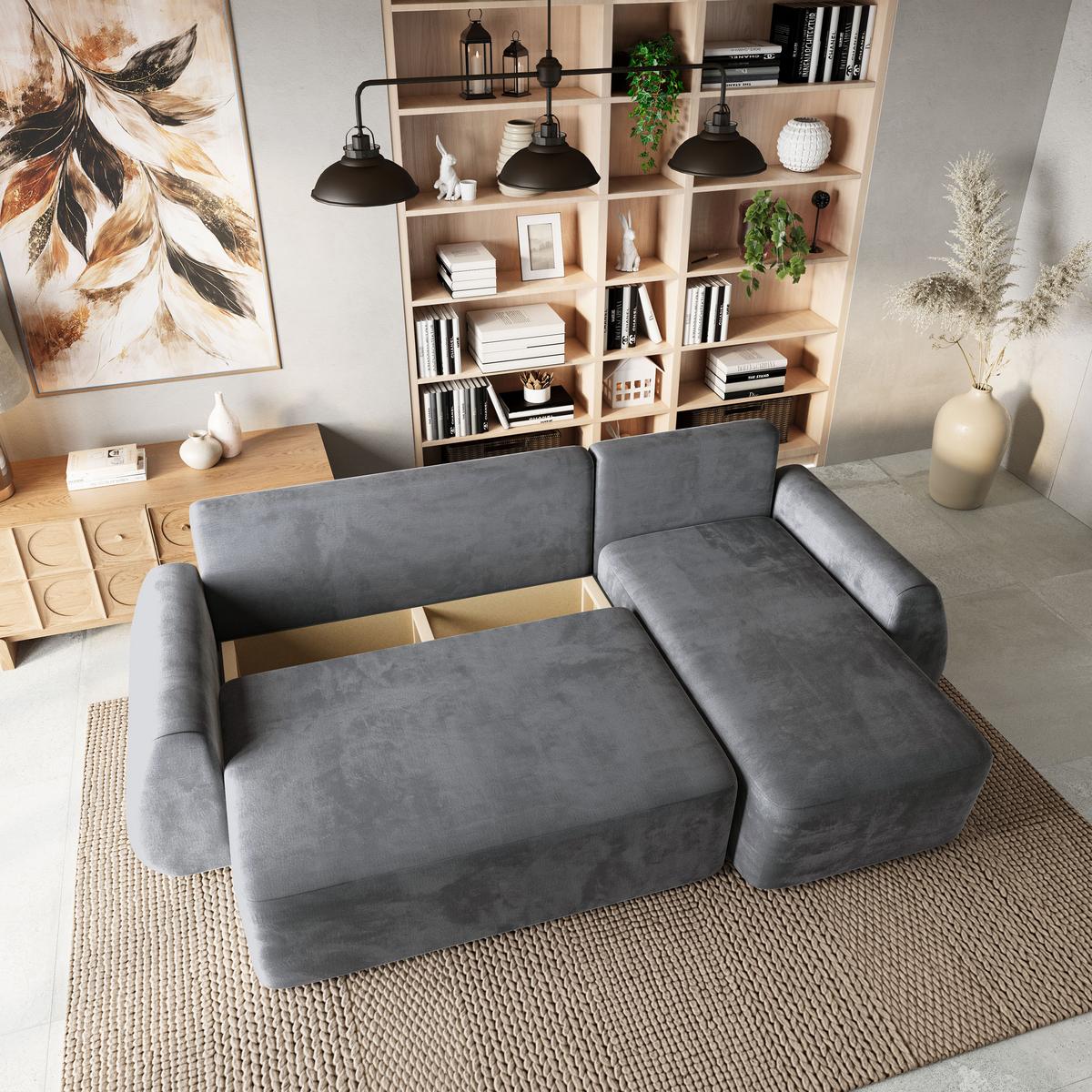 ECKSOFA GALVIS Grau Velours-Stoff mit Schlaffunktion - Grau, Holz (256/156cm) - MASSENO