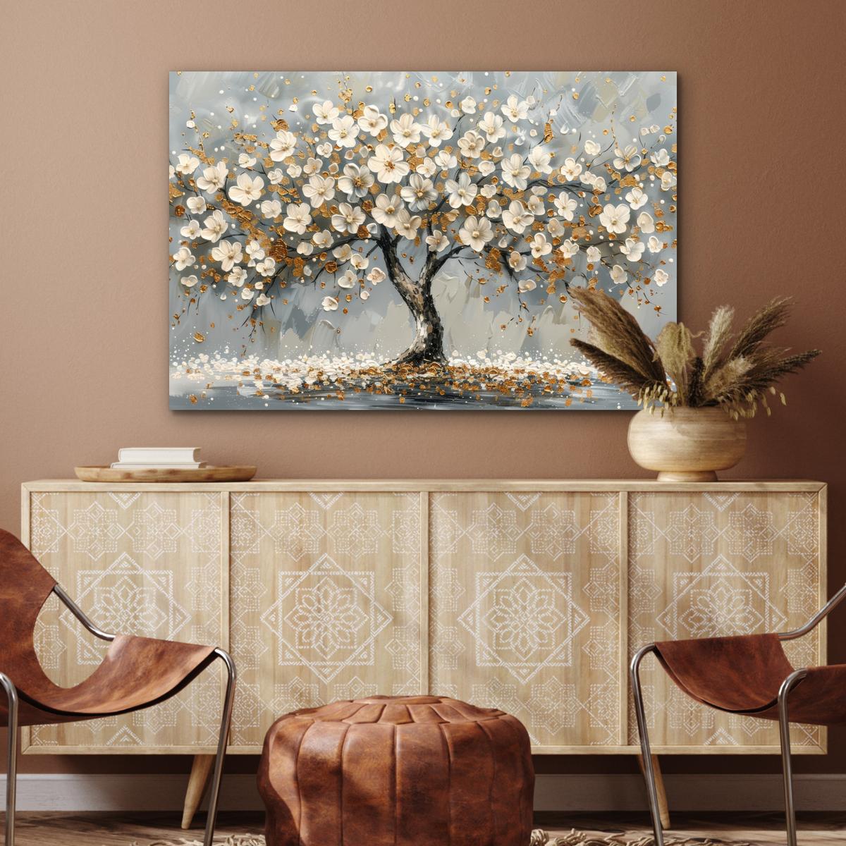 METALLBILD Baum - Blumen - Weiß - Natur - Kunst Deko Groß 120x80 cm - Weiß, Metall (120/80cm) - MuchoWow
