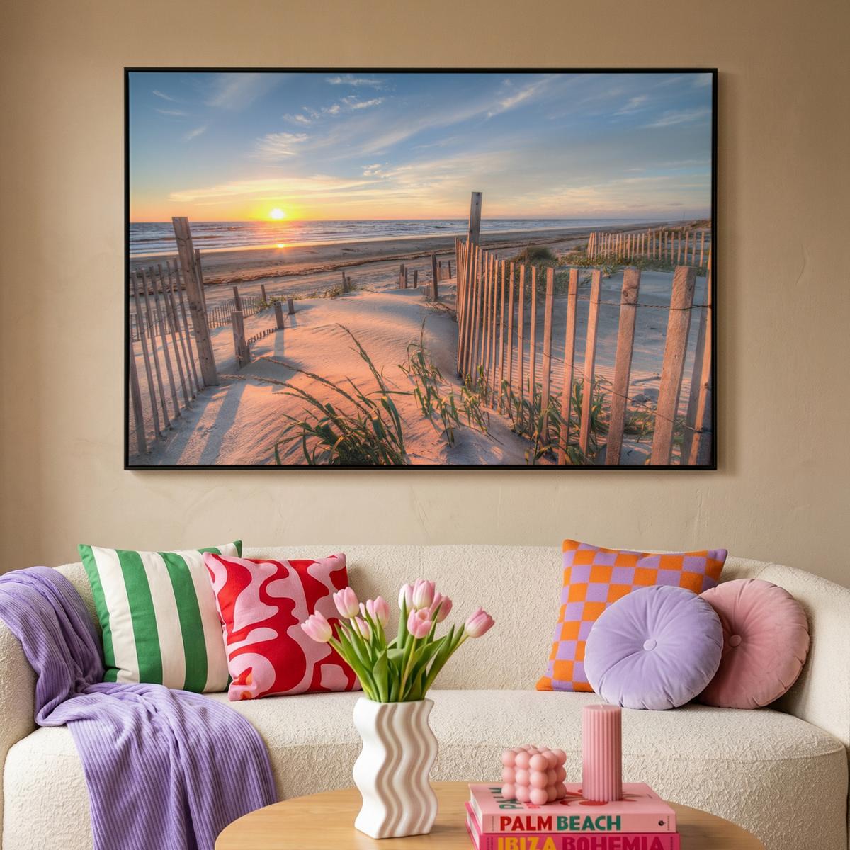 LEINWAND Bilder mit Rahmen - Strand - Meer - Düne - Sonnenuntergang - Landschaft - 140x90 - Beige, Textil (140/90cm) - MuchoWow