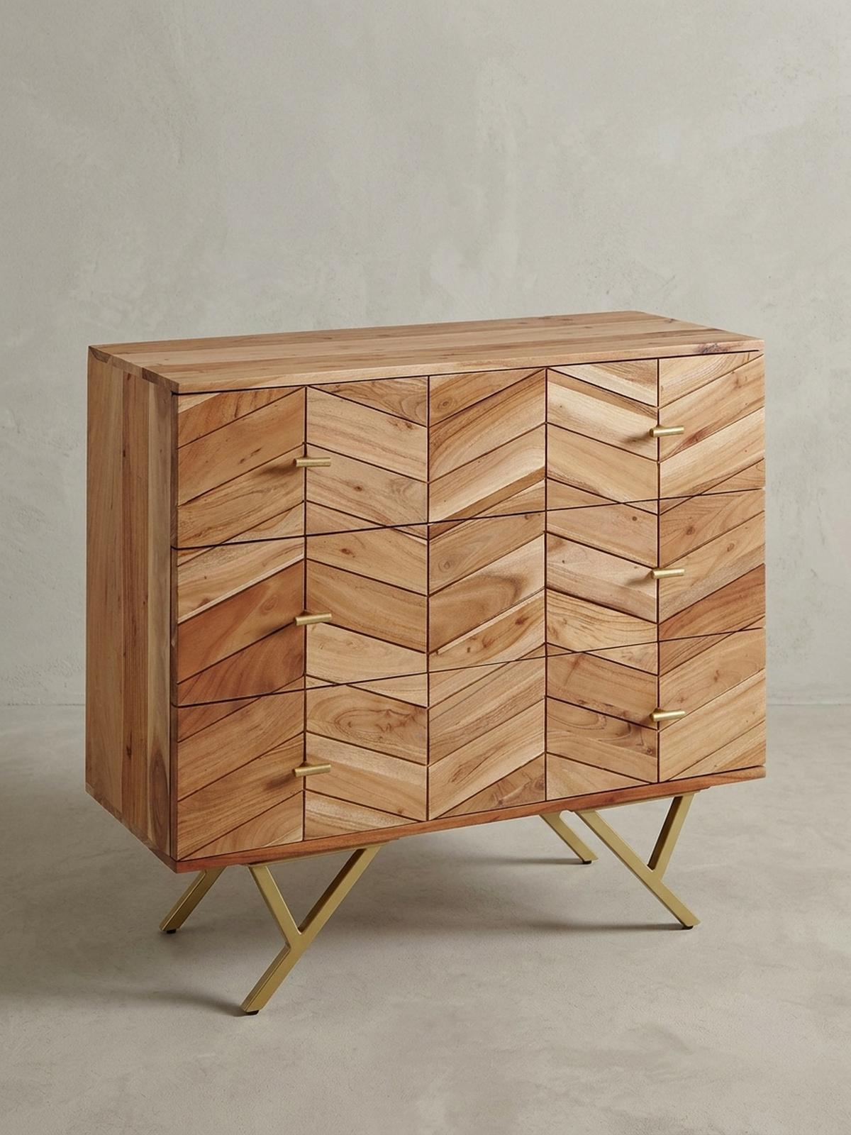 SIDEBOARD – Akazie Massivholz, rustikal, mit Muster, Landhausstil - Beige/Goldfarben, Holz/Metall (90/86/40cm) - KADIMA DESIGN
