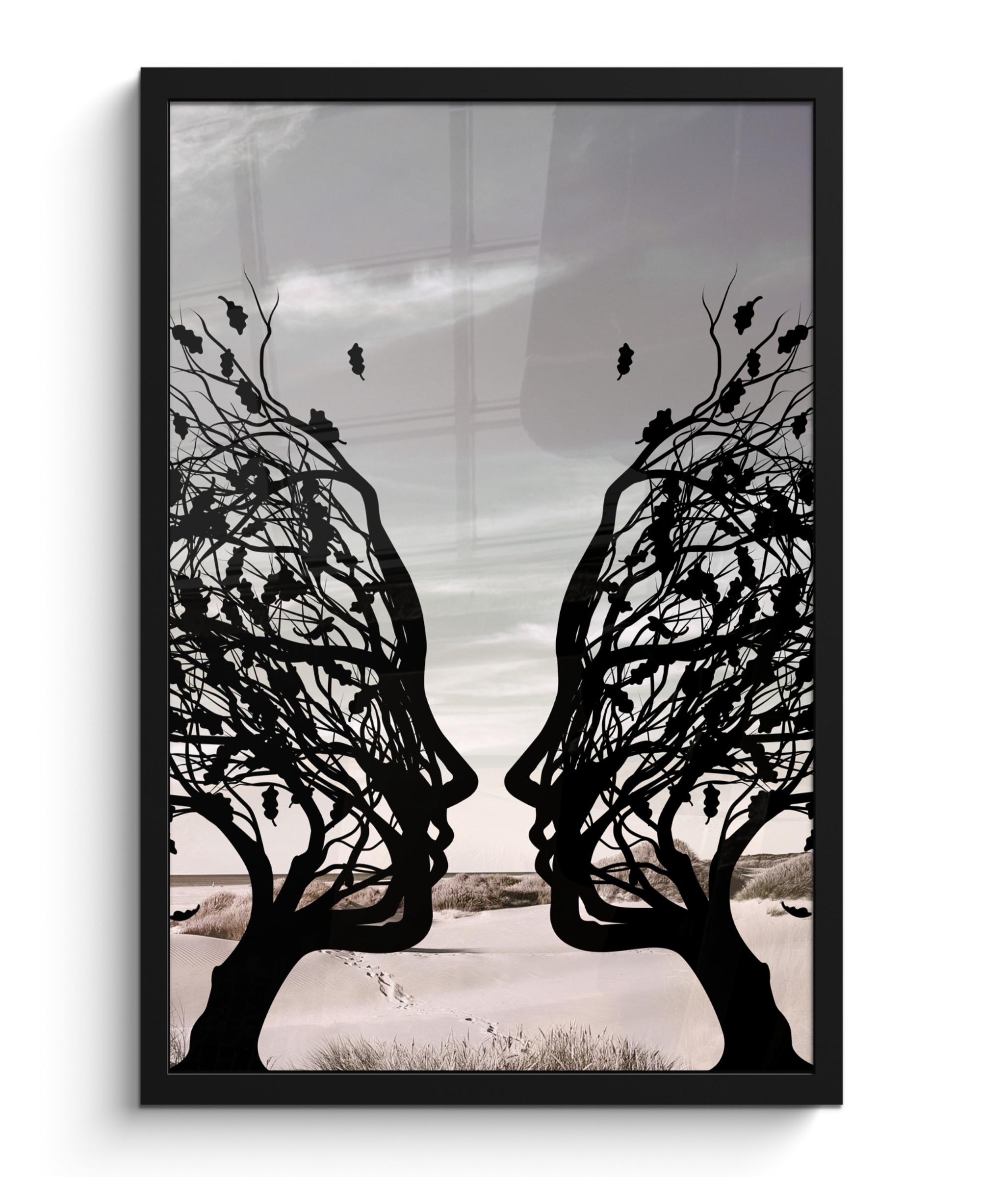 POSTER MIT RAHMEN Strand - Meer - Menschen - Baum - Moderne Kunst Bilder mit Rahmen 40x60 cm - Hellgrau, Papier (40/60cm) - MuchoWow