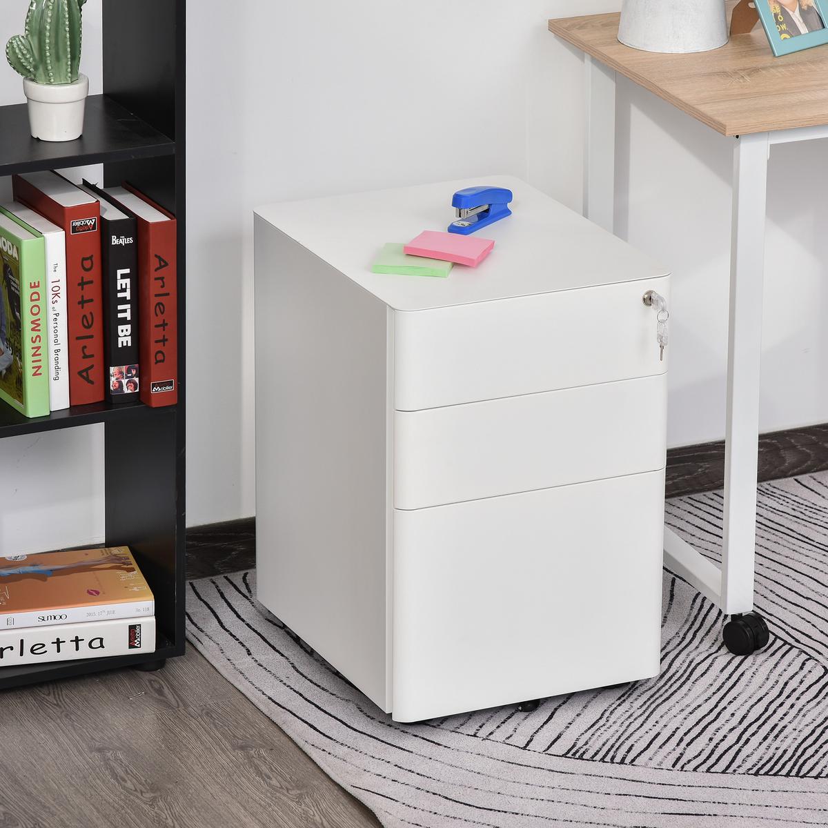 ROLLCONTAINER mobiler Aktenschrank mit 3 Schubladen Büroschrank Stahl Weiß - Weiß, Metall (48/59/39cm) - Vinsetto