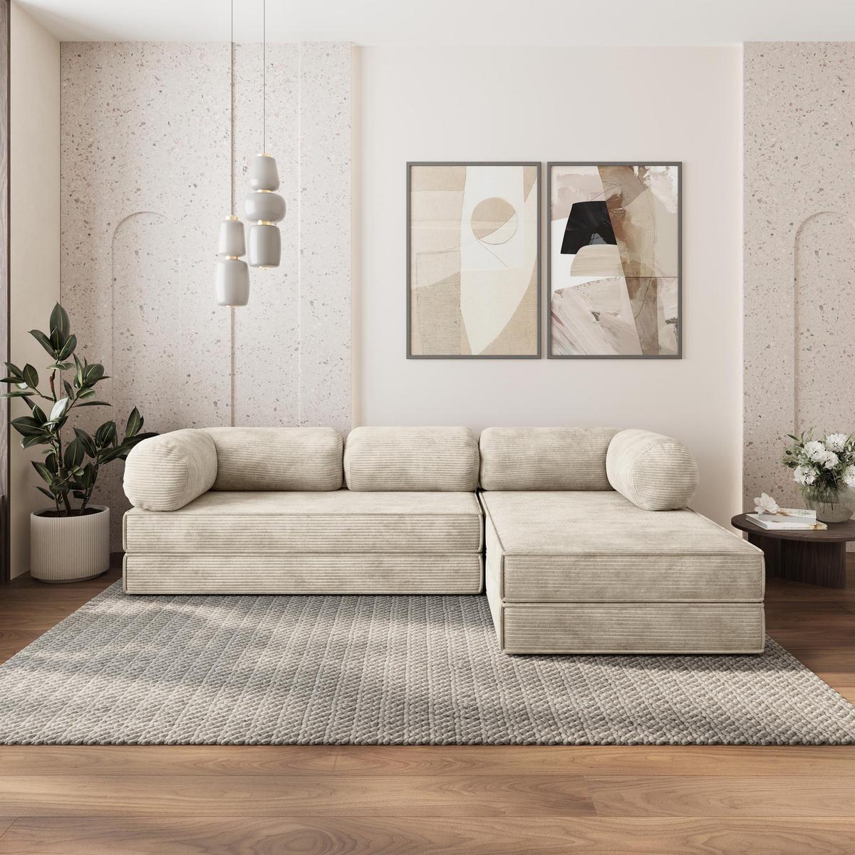 ECKSOFA ETERA modulares Boneless Sofa mit Schlaffunktion Creme Kordstoff - Creme, Textil (270/160cm) - MASSENO