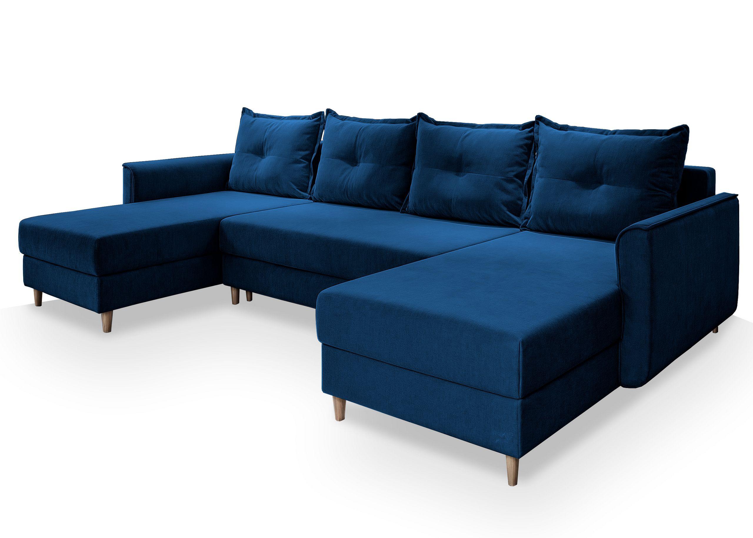 WOHNLANDSCHAFT VERNI Blau Plüsch-Stoff mit Schlaffunktion - Blau/Braun, Holz/Textil (285/91/143cm) - MASSENO