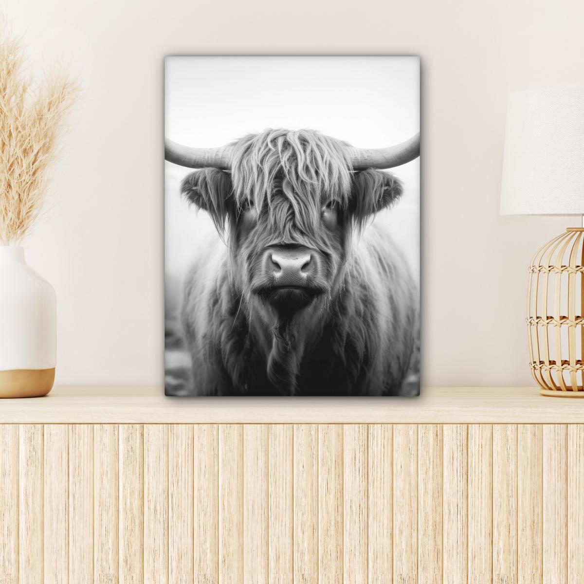 LEINWANDBILD Schottischer Highlander - Nebel - Schwarz - Weiß Room Decor 30x40 cm - Grau, Textil (30/40cm) - MuchoWow