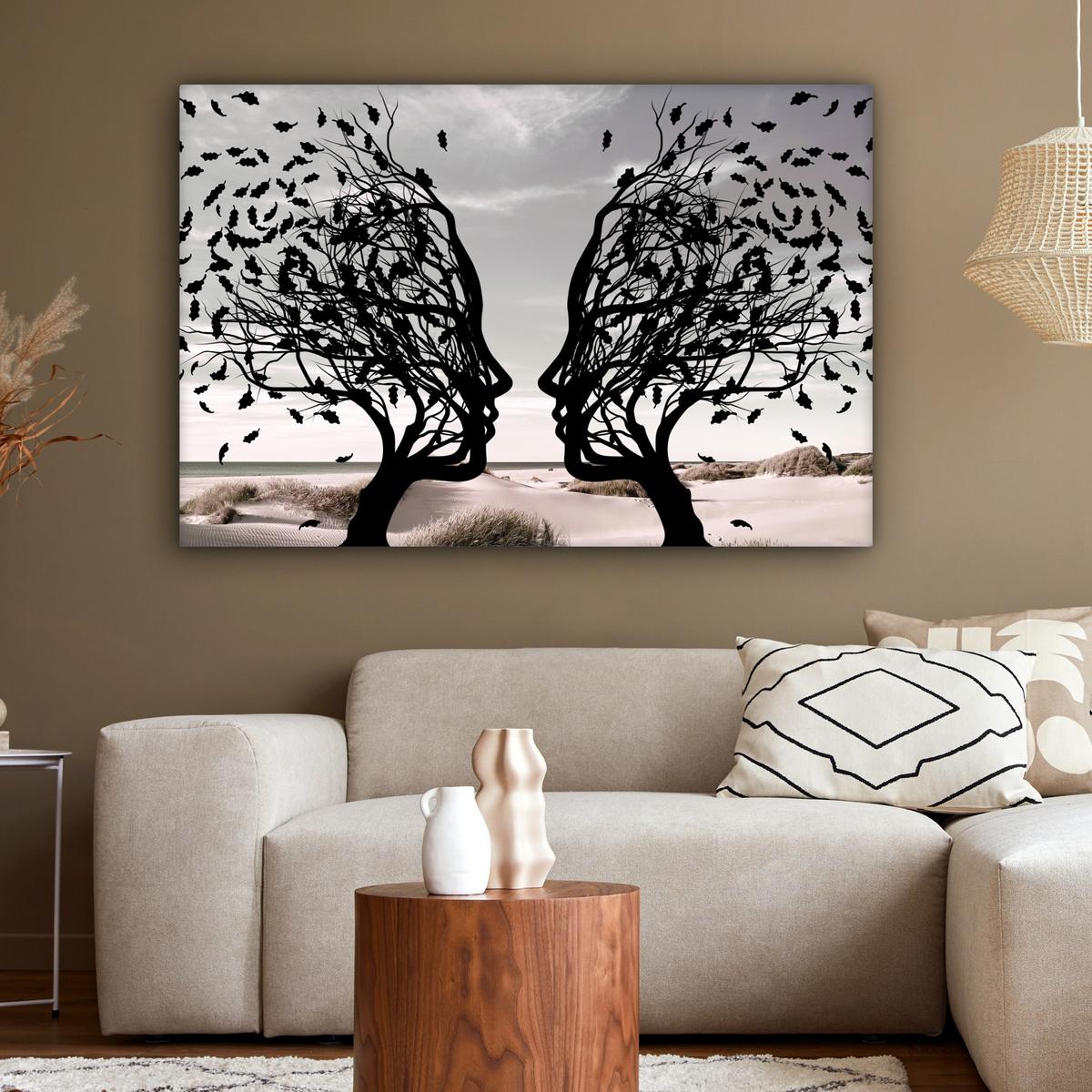 LEINWANDBILD Strand - Meer - Menschen - Baum - Moderne Kunst XXL 150x100 cm - Hellgrau, Textil (150/100cm) - MuchoWow