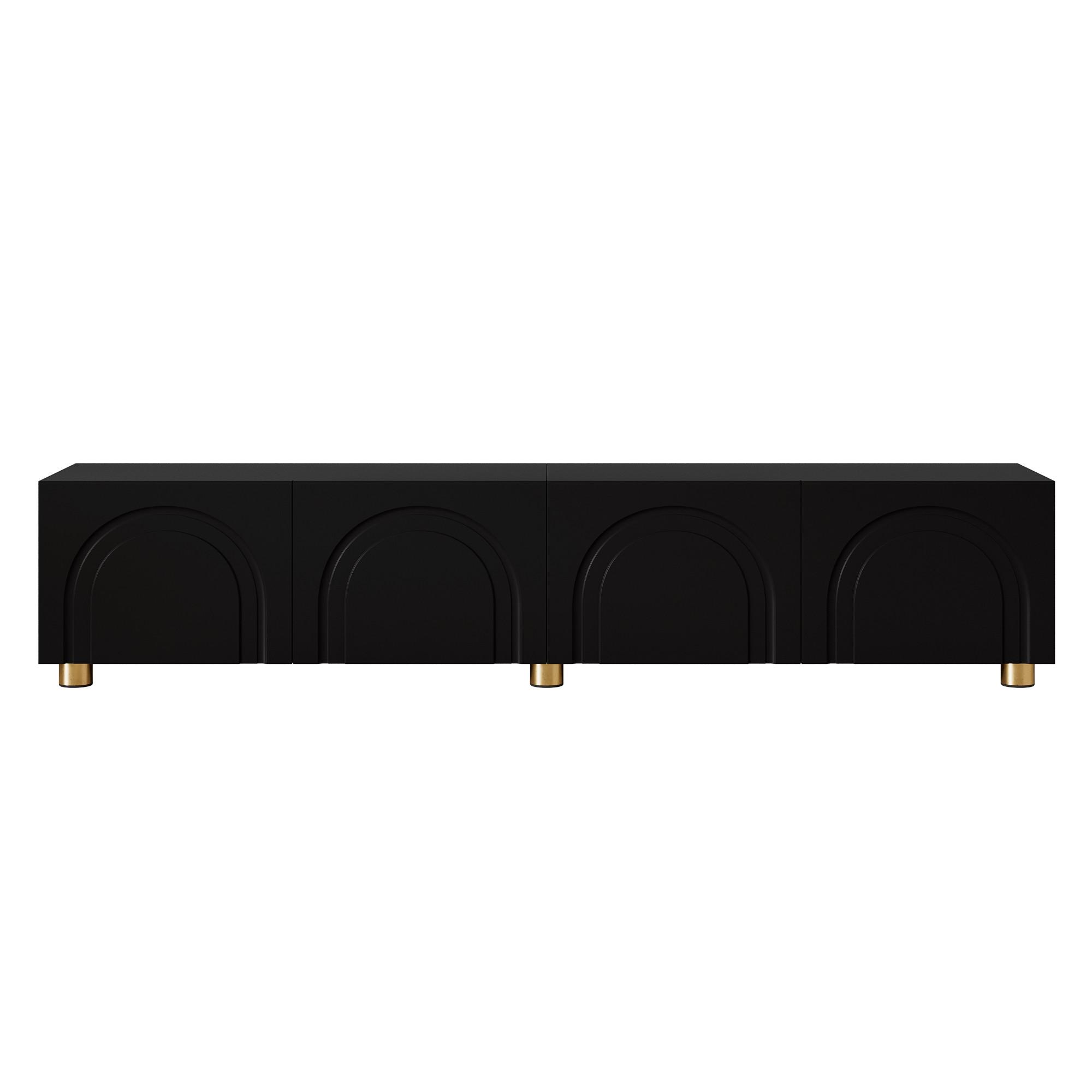 TV-LOWBOARD Schwarz 180cm mit 3D-Bogenrelief 4 Türen & Metallfüßen - Schwarz, Holzwerkstoff (180/40/35cm) - Urban Meuble